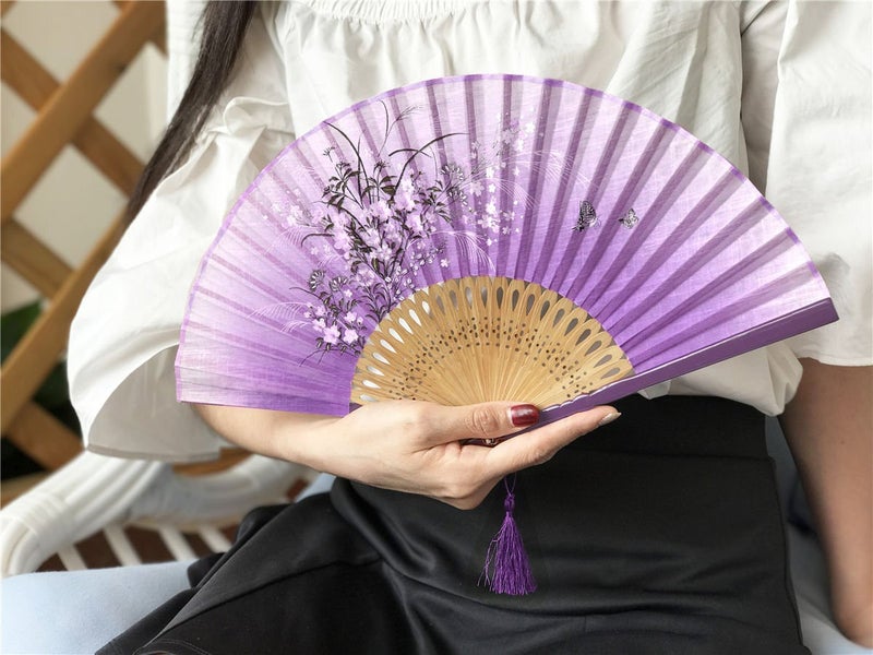 OMyTeaÂ® "Grassflowers 8.27"(21cm) Hand Held Folding Fans - With a Fabric Sleeve for Protection for Gifts - Chinese/Japanese Vintage Retro Style (Purple) - Image 4